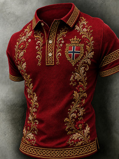 Menns retro nordisk stil norsk kunsttrykk avslappet poloskjorte