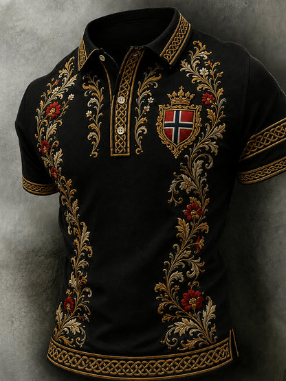 Menns retro nordisk stil norsk kunsttrykk avslappet poloskjorte