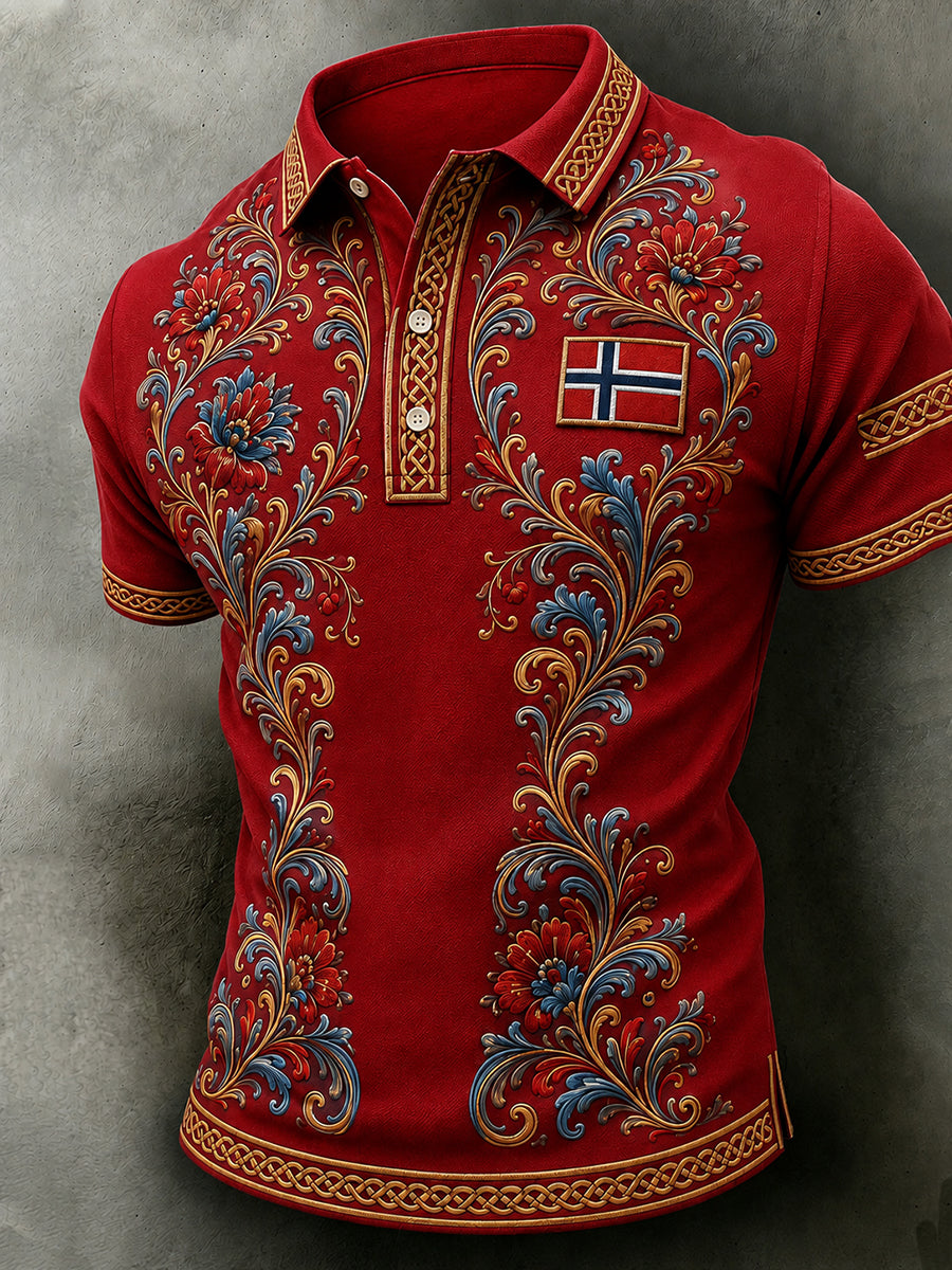 Menns retro nordisk stil norsk kunsttrykk avslappet poloskjorte