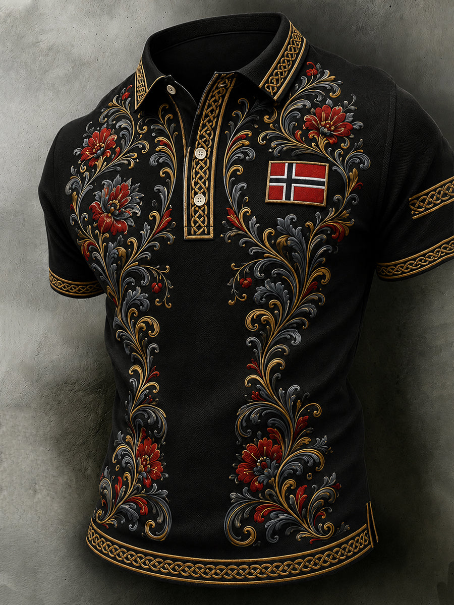 Menns retro nordisk stil norsk kunsttrykk avslappet poloskjorte