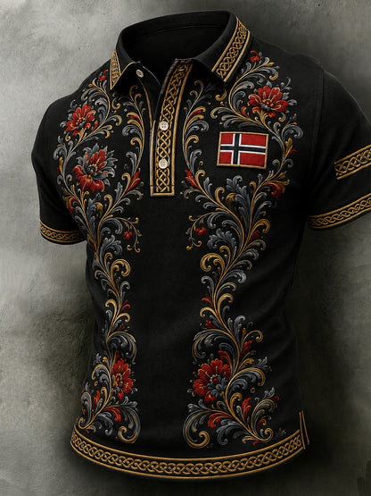 Menns retro nordisk stil norsk kunsttrykk avslappet poloskjorte