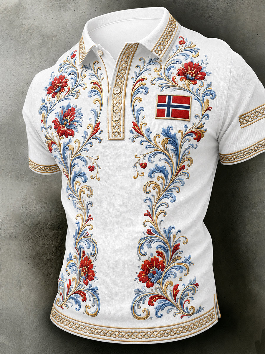 Menns retro nordisk stil norsk kunsttrykk avslappet poloskjorte