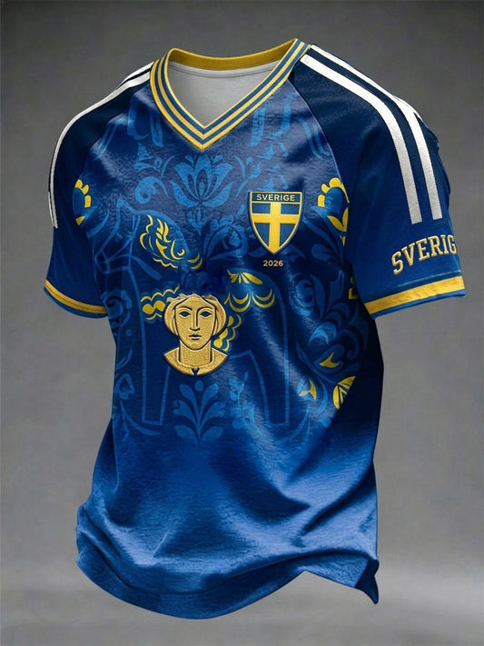 Svensk fotball T-skjorte med V-hals og korte ermer til menn