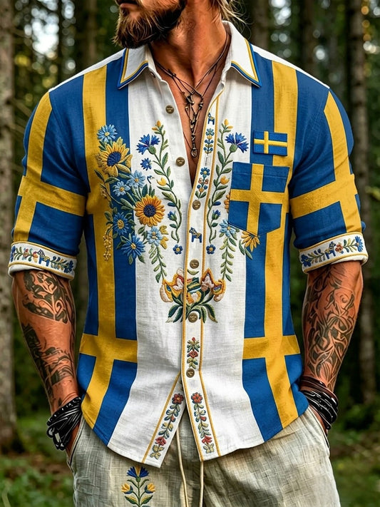 Herrretro svensk nasjonaldag midtsommer folkloristisk blomstret langermet skjorte
