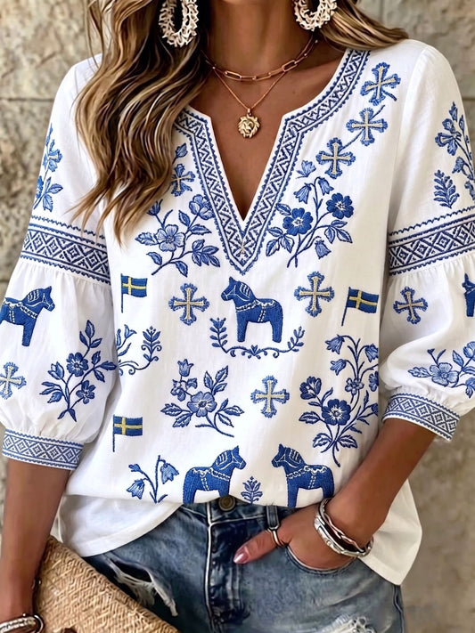 Dame Retro Svensk Midtsommer Folkeinspirert Bluse i Bomull-Lin