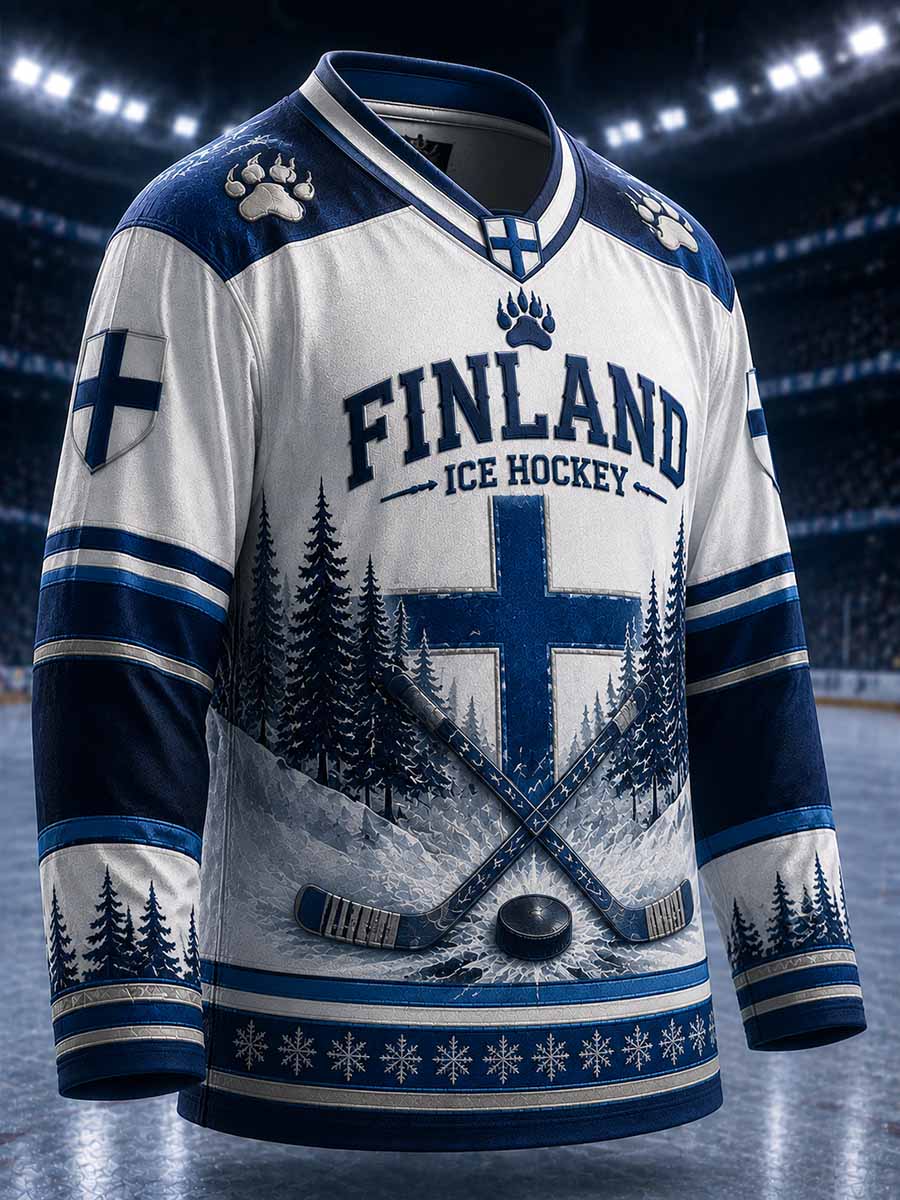 Miesten vintage Suomi-jääkiekko -painokuvioitu pitkähihainen t-paita