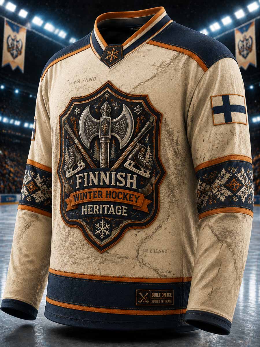 Miesten suomalainen jääkiekko Tampere kirvekuviollinen painettu collegepaita