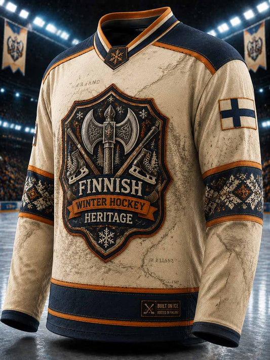 Miesten suomalainen jääkiekko Tampere kirvekuviollinen painettu collegepaita