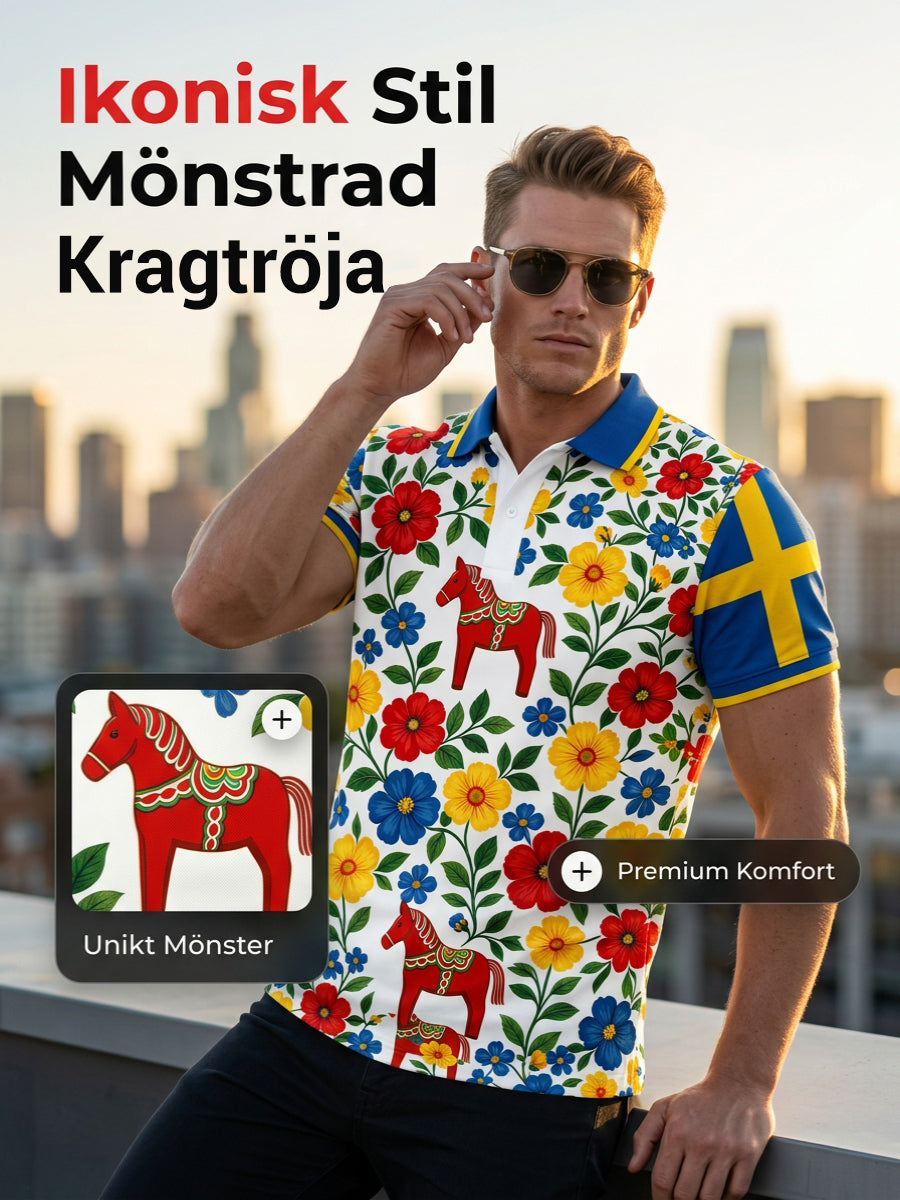 Herrpolotröja med konsttryck som hyllar den svenska midsommarfesten