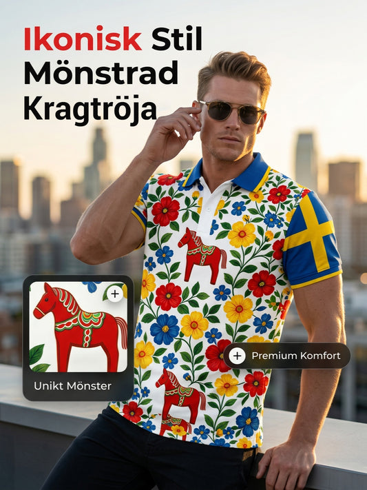 Herrepolo med kunsttrykk som hyller den svenske midtsommerfesten