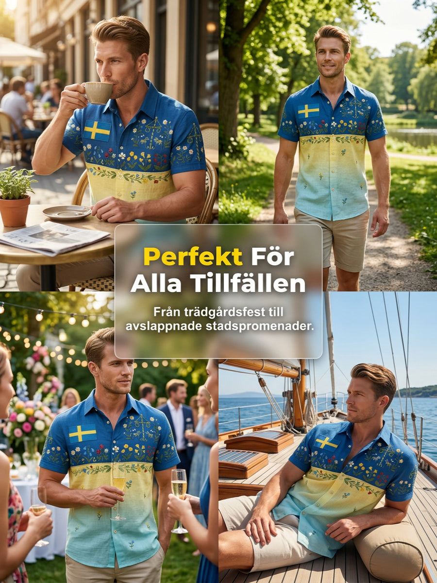 Herrretro svensk midsommarfolkaldrigblommig bomull-linne skjorta med korta ärmarna