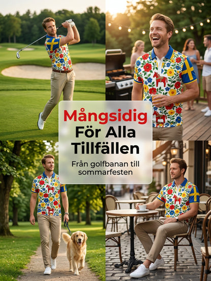 Herrpolotröja med konsttryck som hyllar den svenska midsommarfesten