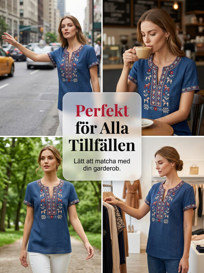Kvinnors Retro Svenska Midsommar Blommor Patchwork Casual T-shirt