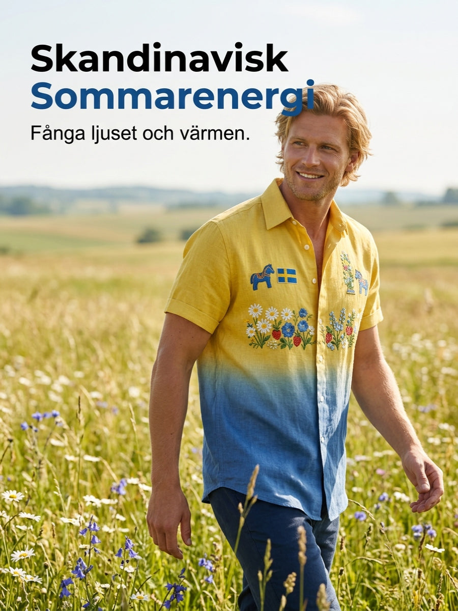 Herrretro svensk midsommarfolkaldrigblommig bomull-linne skjorta med korta ärmarna