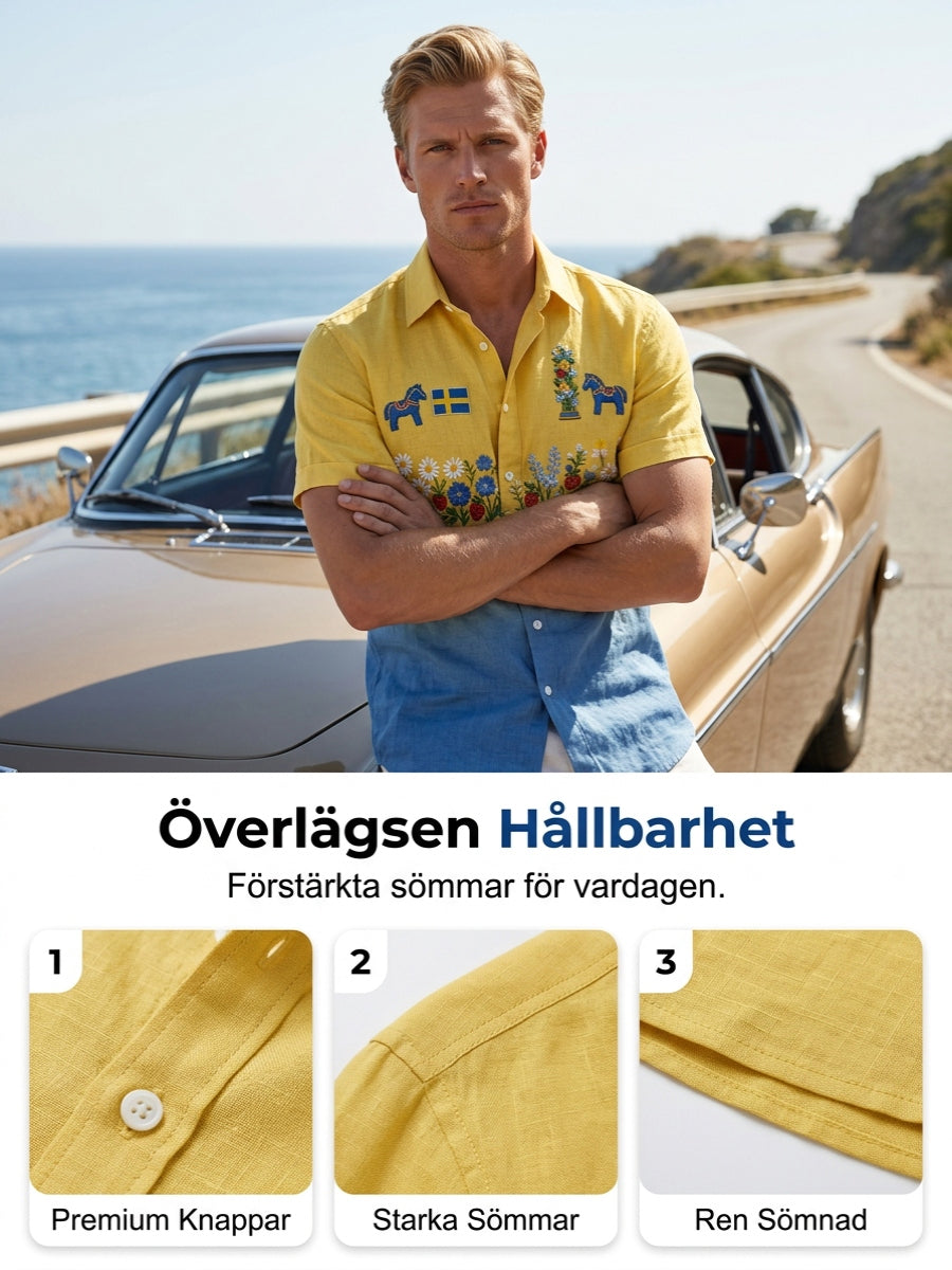 Herrretro svensk midsommarfolkaldrigblommig bomull-linne skjorta med korta ärmarna