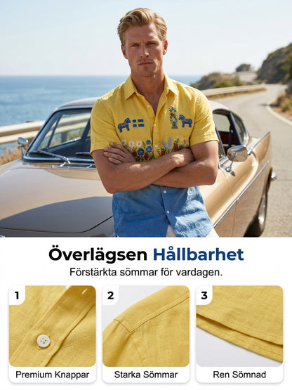 Herrretro svensk midsommarfolkaldrigblommig bomull-linne skjorta med korta ärmarna