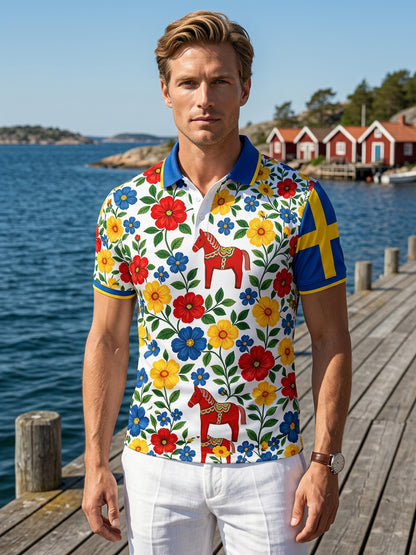 Herrpolotröja med konsttryck som hyllar den svenska midsommarfesten