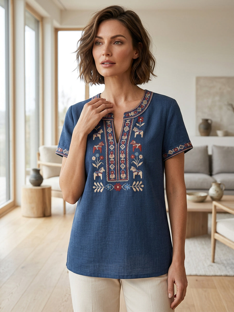 Kvinnors Retro Svenska Midsommar Blommor Patchwork Casual T-shirt