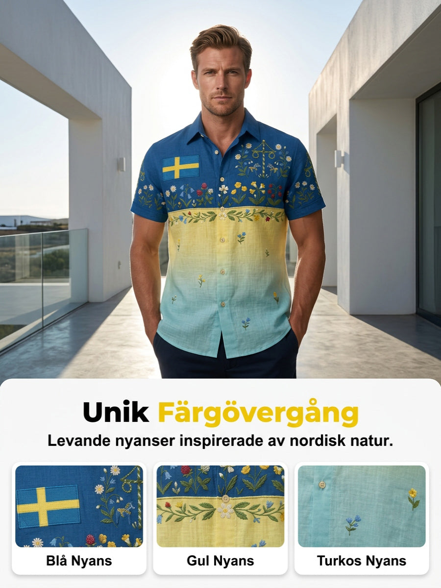 Herrretro svensk midsommarfolkaldrigblommig bomull-linne skjorta med korta ärmarna