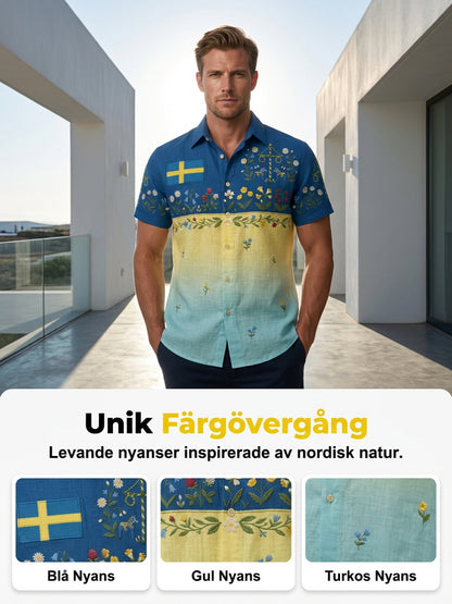 Herrretro svensk midsommarfolkaldrigblommig bomull-linne skjorta med korta ärmarna
