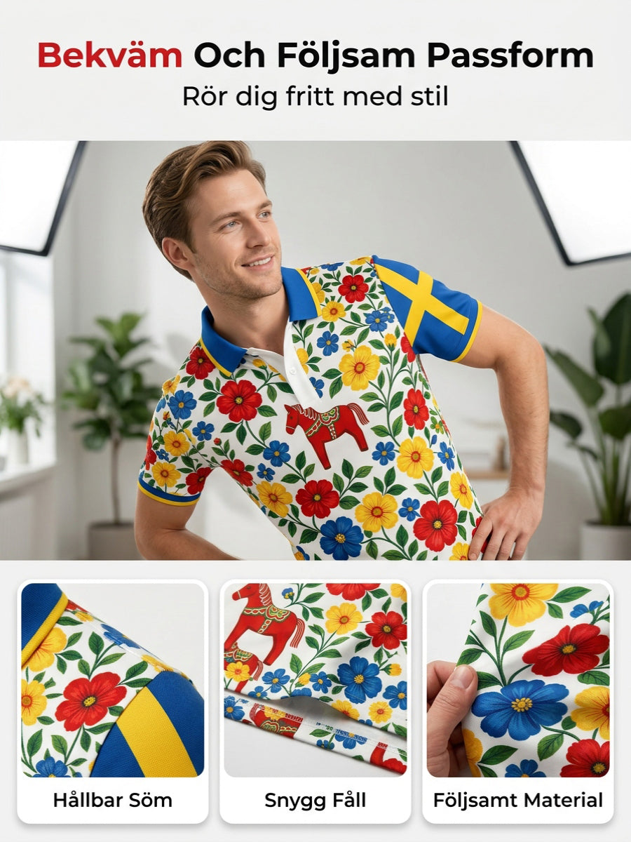Herrpolotröja med konsttryck som hyllar den svenska midsommarfesten