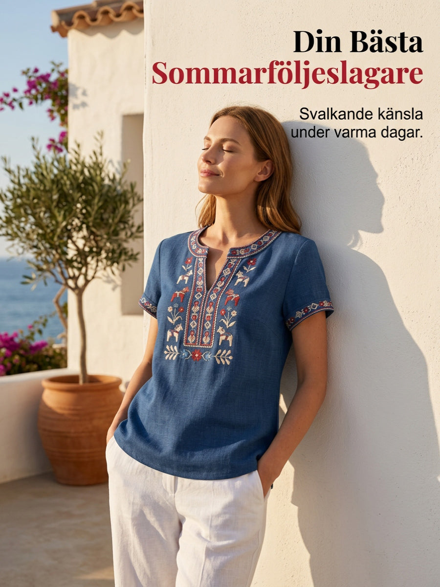 Kvinnors Retro Svenska Midsommar Blommor Patchwork Casual T-shirt