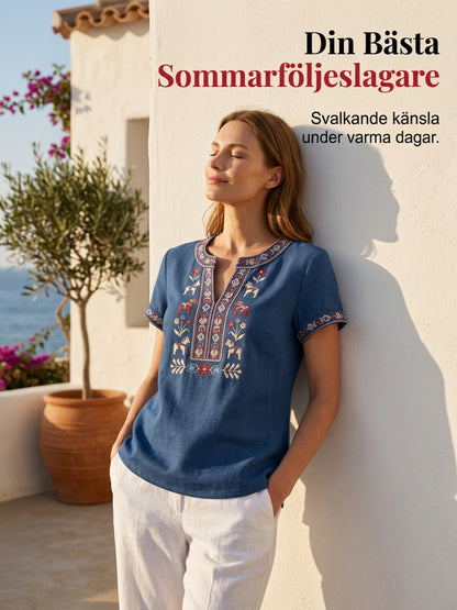Kvinnors Retro Svenska Midsommar Blommor Patchwork Casual T-shirt