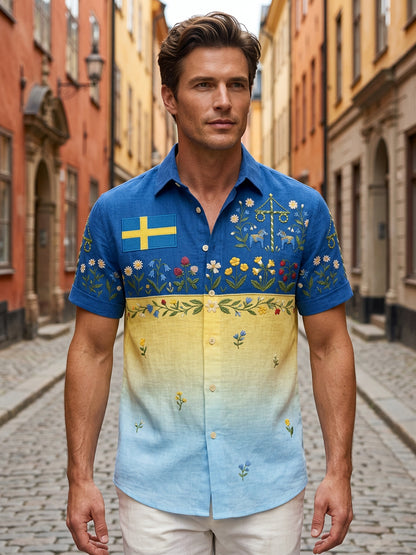 Herrretro svensk midsommarfolkaldrigblommig bomull-linne skjorta med korta ärmarna