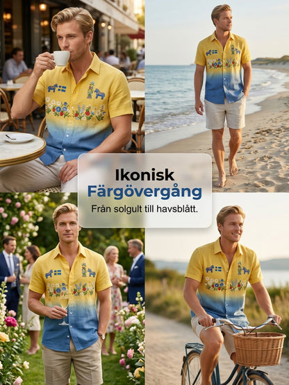 Herrretro svensk midsommarfolkaldrigblommig bomull-linne skjorta med korta ärmarna