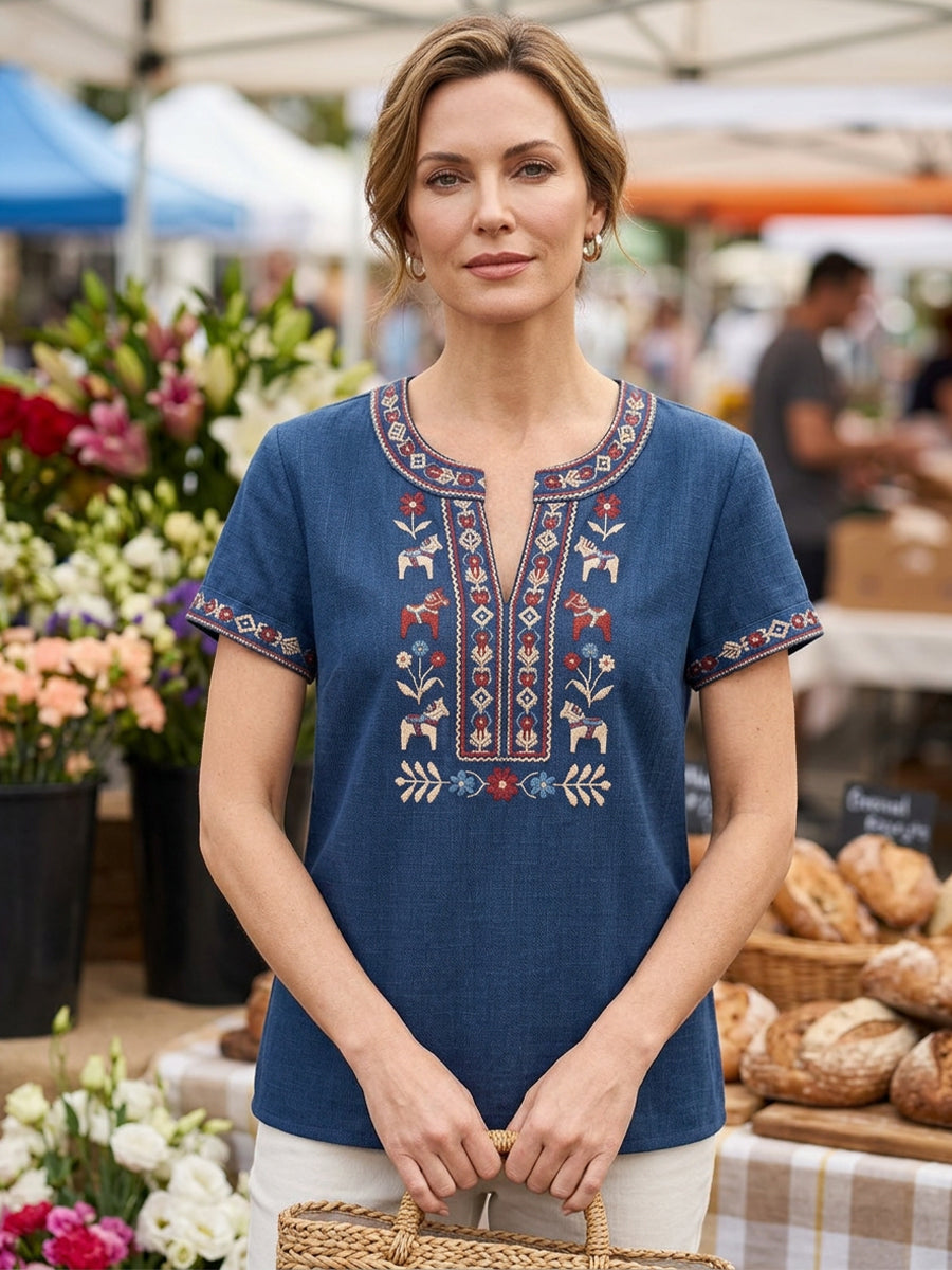 Kvinnors Retro Svenska Midsommar Blommor Patchwork Casual T-shirt