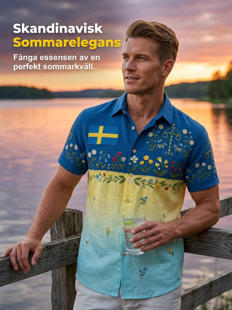 Herrretro svensk midsommarfolkaldrigblommig bomull-linne skjorta med korta ärmarna