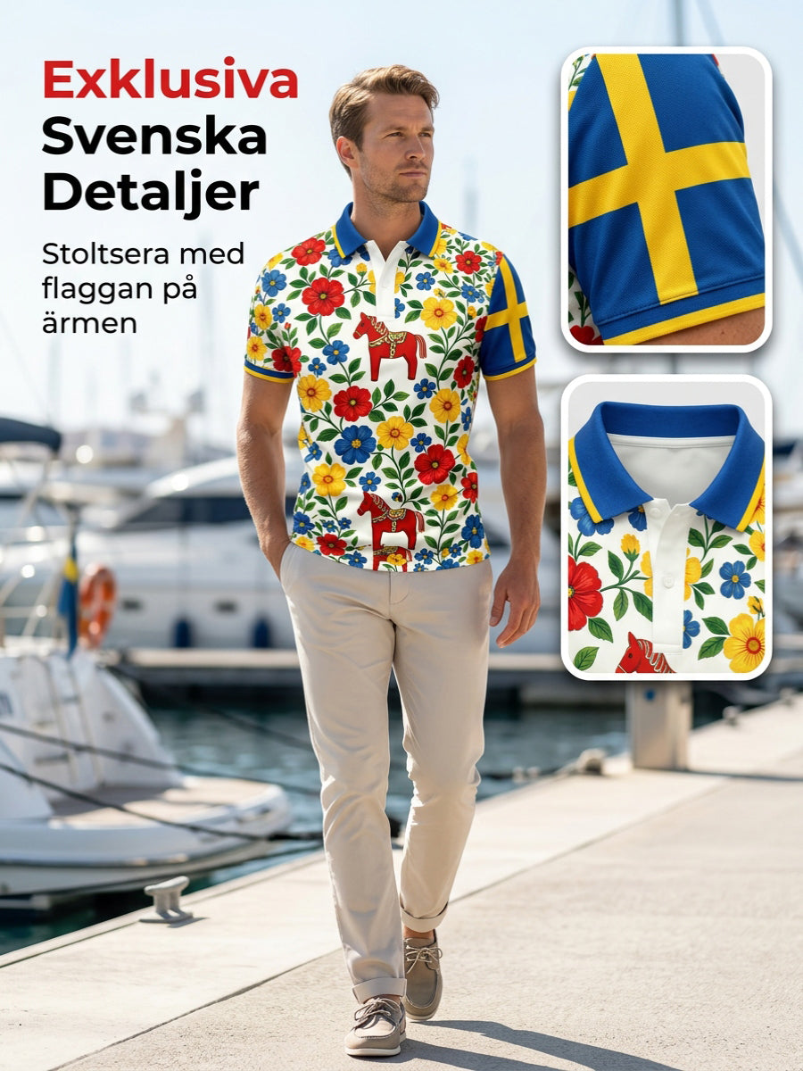 Herrpolotröja med konsttryck som hyllar den svenska midsommarfesten