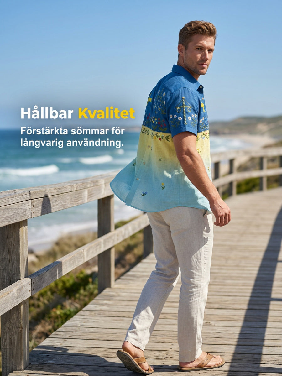 Herrretro svensk midsommarfolkaldrigblommig bomull-linne skjorta med korta ärmarna