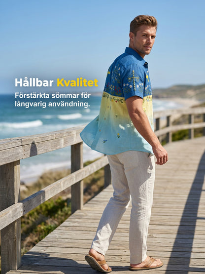 Herrretro svensk midsommarfolkaldrigblommig bomull-linne skjorta med korta ärmarna