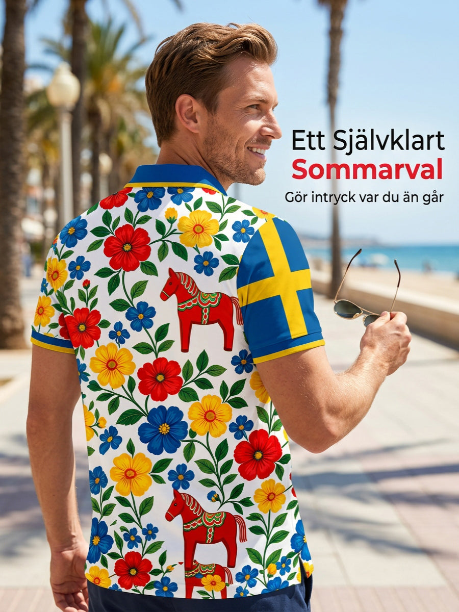Herrpolotröja med konsttryck som hyllar den svenska midsommarfesten