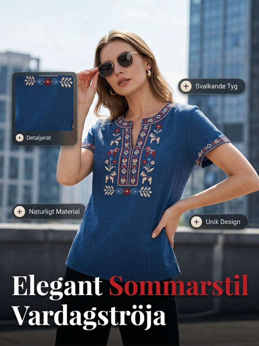Kvinnors Retro Svenska Midsommar Blommor Patchwork Casual T-shirt
