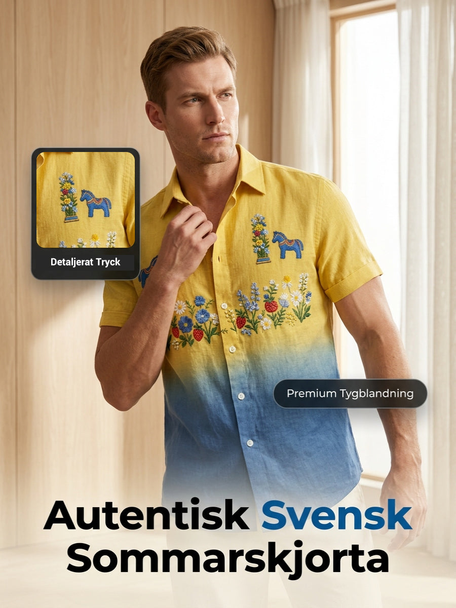 Herrretro svensk midsommarfolkaldrigblommig bomull-linne skjorta med korta ärmarna