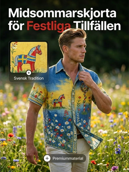 Herrtröja med korta ärmar och konstprint som hyllar den svenska midsommarfesten