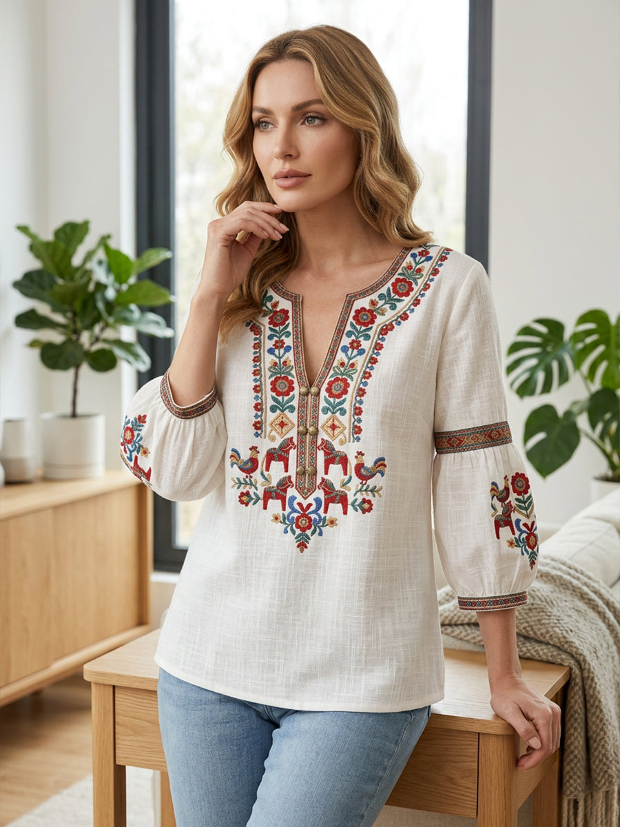 Kvinnors Vintage-stil svensk midsommar-Inspirerad bomull-Line blus