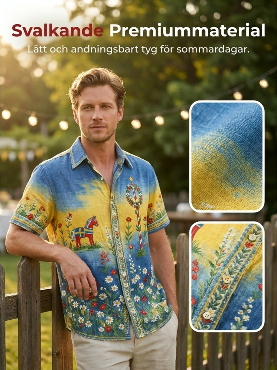 Herrtröja med korta ärmar och konstprint som hyllar den svenska midsommarfesten