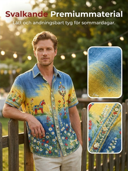 Herrtröja med korta ärmar och konstprint som hyllar den svenska midsommarfesten