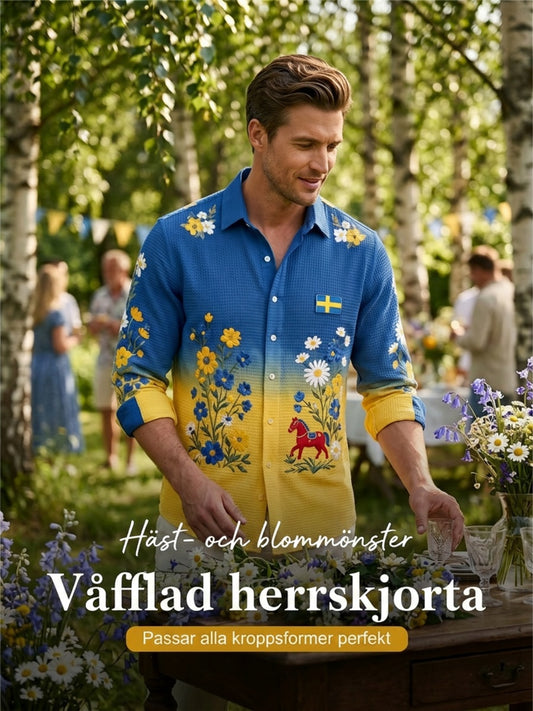 Herreskjorte i vaffelstrikk med lange ermer og blomstermønster samt gyngehesttrykk