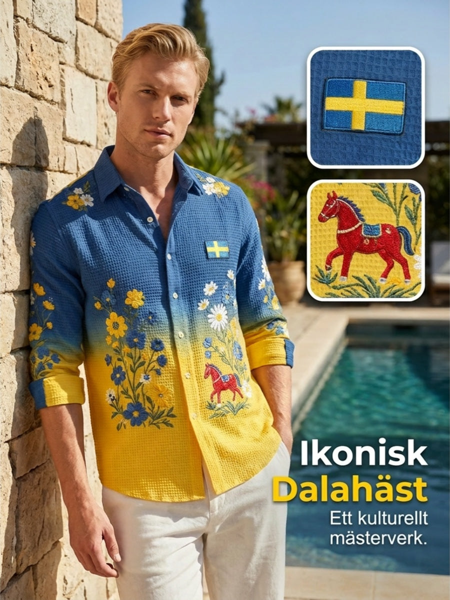 Herrskjorta i våffelstickat med långa ärmar och blommönster samt gunghästtryck
