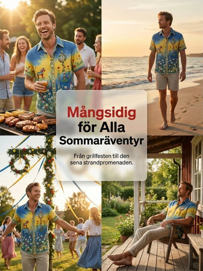 Herrtröja med korta ärmar och konstprint som hyllar den svenska midsommarfesten