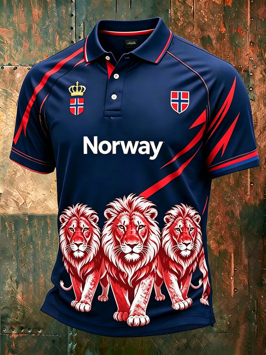 Herrepolo med kunsttrykk i det norske flaggets fargeskjema