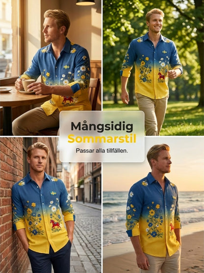 Herrskjorta i våffelstickat med långa ärmar och blommönster samt gunghästtryck