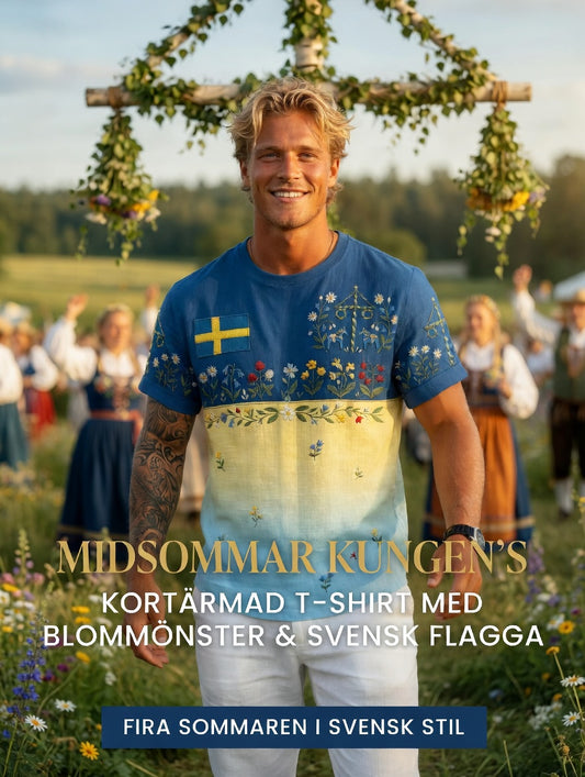 Herr Retro Svensk Midtsommer Blomster Bomull-Lin Kort Skjorte