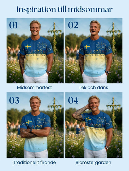 Herr Retro Svenska midsommar Folk Floral Bomull-Linen Kort-Shirt