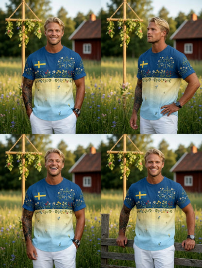 Herr Retro Svenska midsommar Folk Floral Bomull-Linen Kort-Shirt