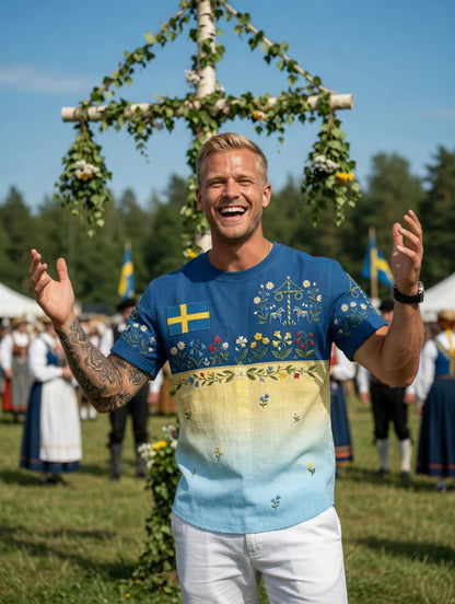 Herr Retro Svenska midsommar Folk Floral Bomull-Linen Kort-Shirt